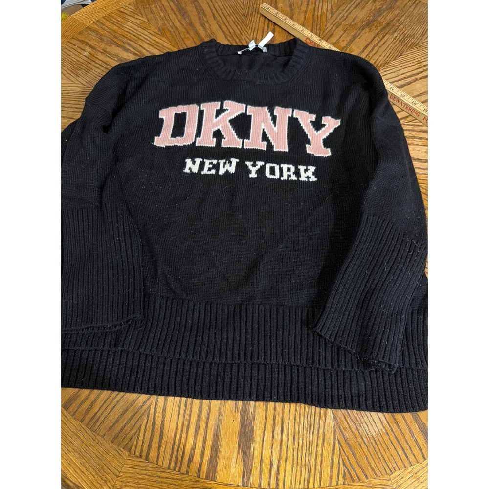 DKNY Jeans Womens XL Black Pink Logo Intarsia Crewneck Knit Sweater Streetwear